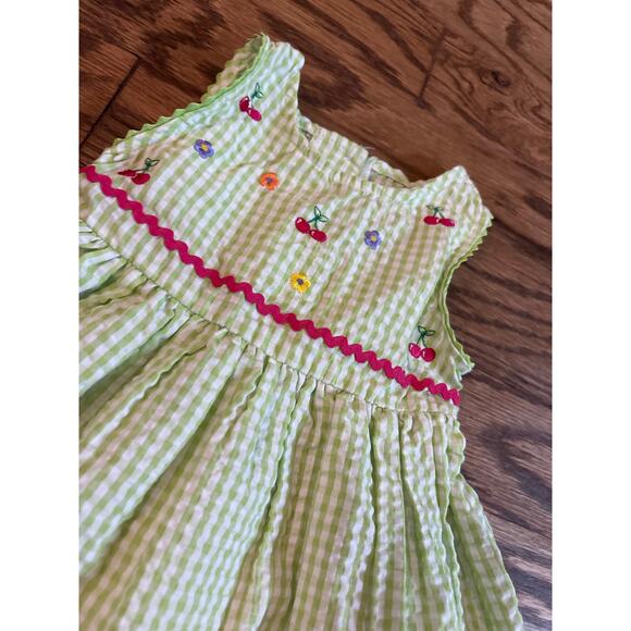 Thomas Green Gingham Dress 2T Embroidered Cherries Floral Trim Seersucker Spring - Picture 2 of 5